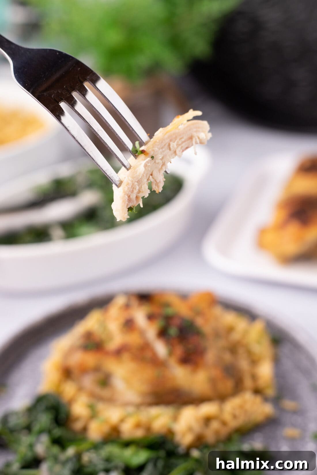 Close-up of a succulent piece of Instant Pot Chicken Thigh on a fork, showing its juicy texture.