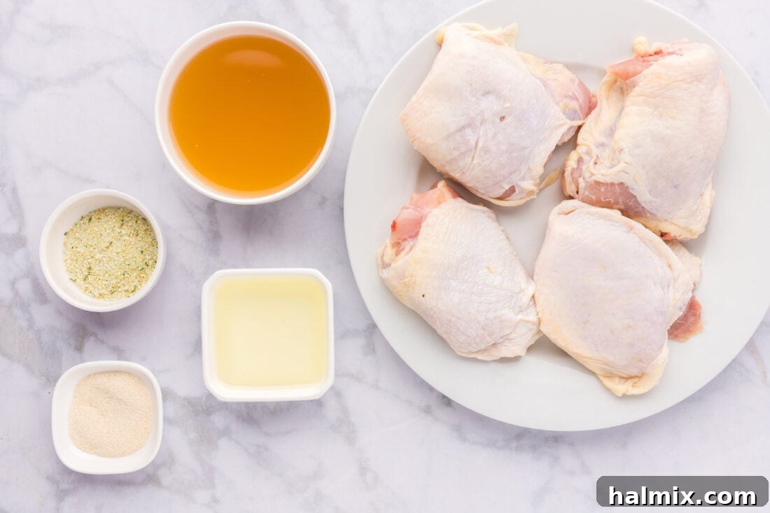 All the fresh ingredients laid out for Instant Pot Chicken Thighs preparation.