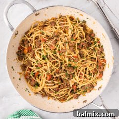 Overhead photo of a skillet of Taco Spaghetti