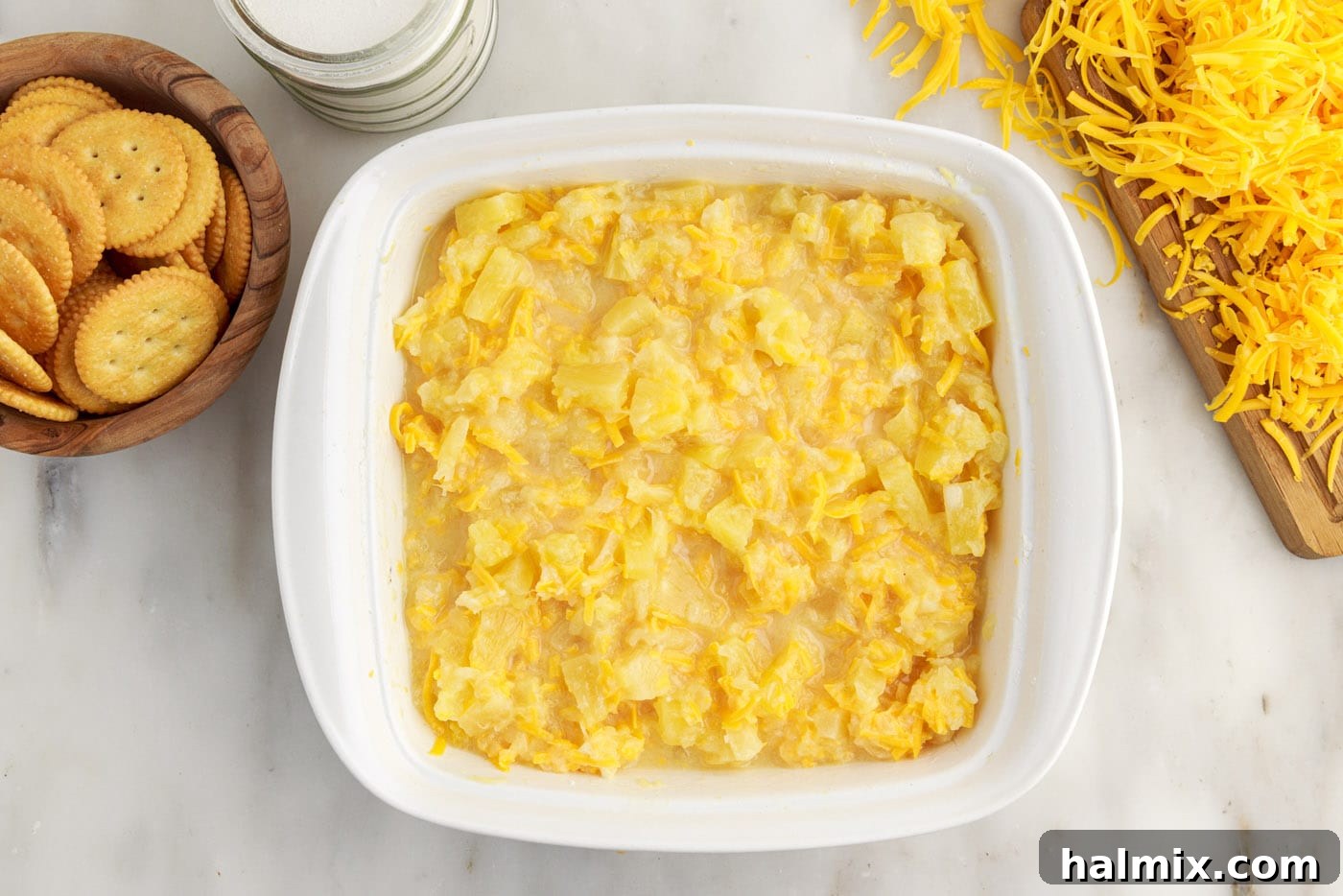 pineapple casserole filling in a baking dish