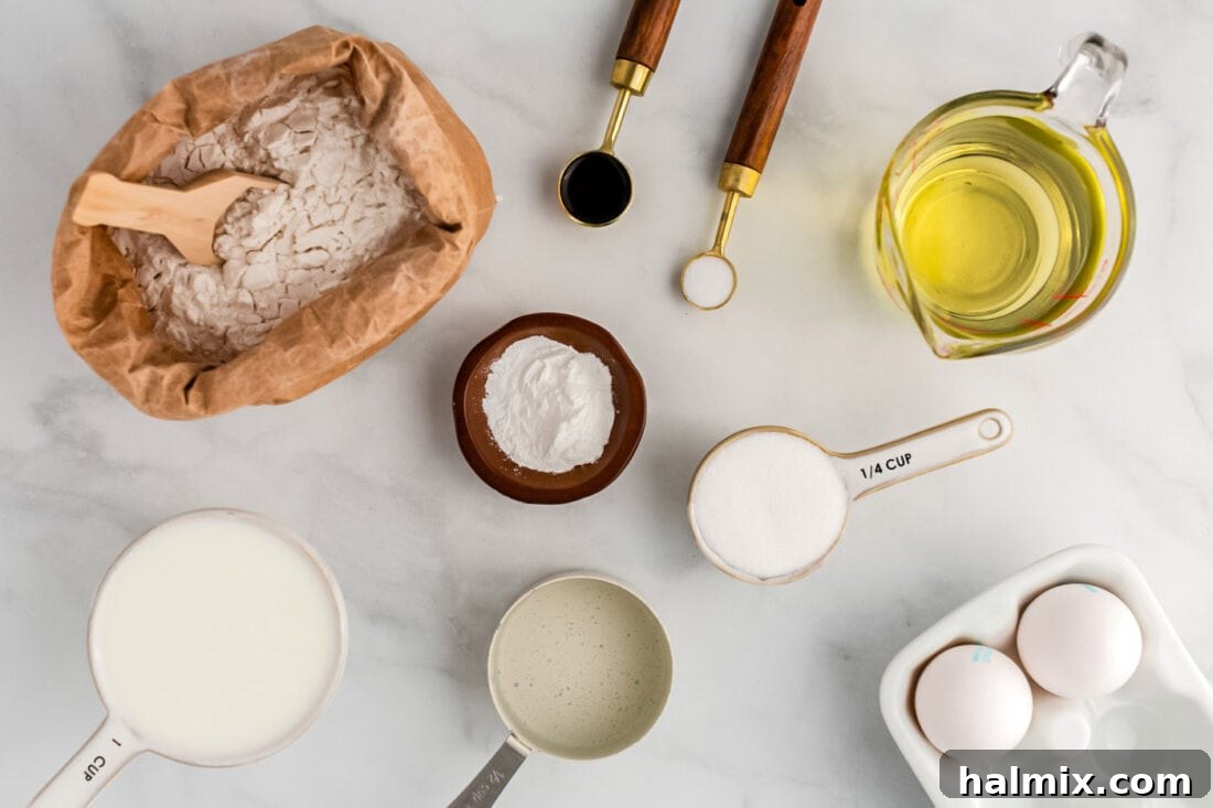 Golden Carnival Whirl 4 Ingredients laid out for making Funnel Cake: flour, sugar, baking powder, salt, eggs, milk, water, and vanilla extract