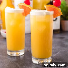 Two Skrew Loose Cocktails garnished with an orange slice and maraschino cherry