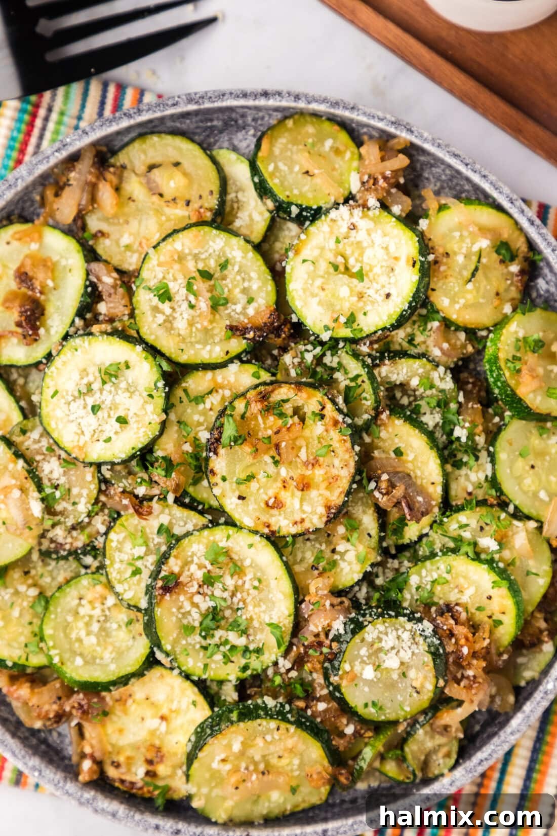 Close up photo of a bowl of Sautéed Zucchini