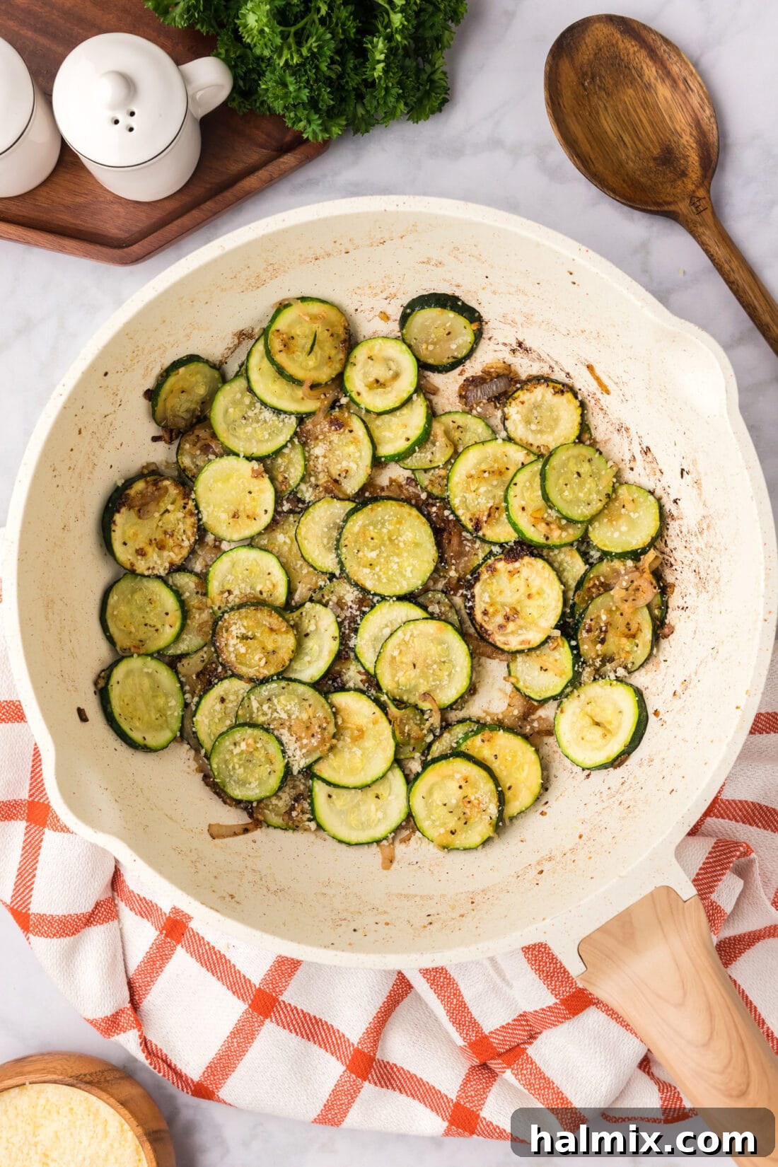 Overhead photo of a skillet of Sautéed Zucchini