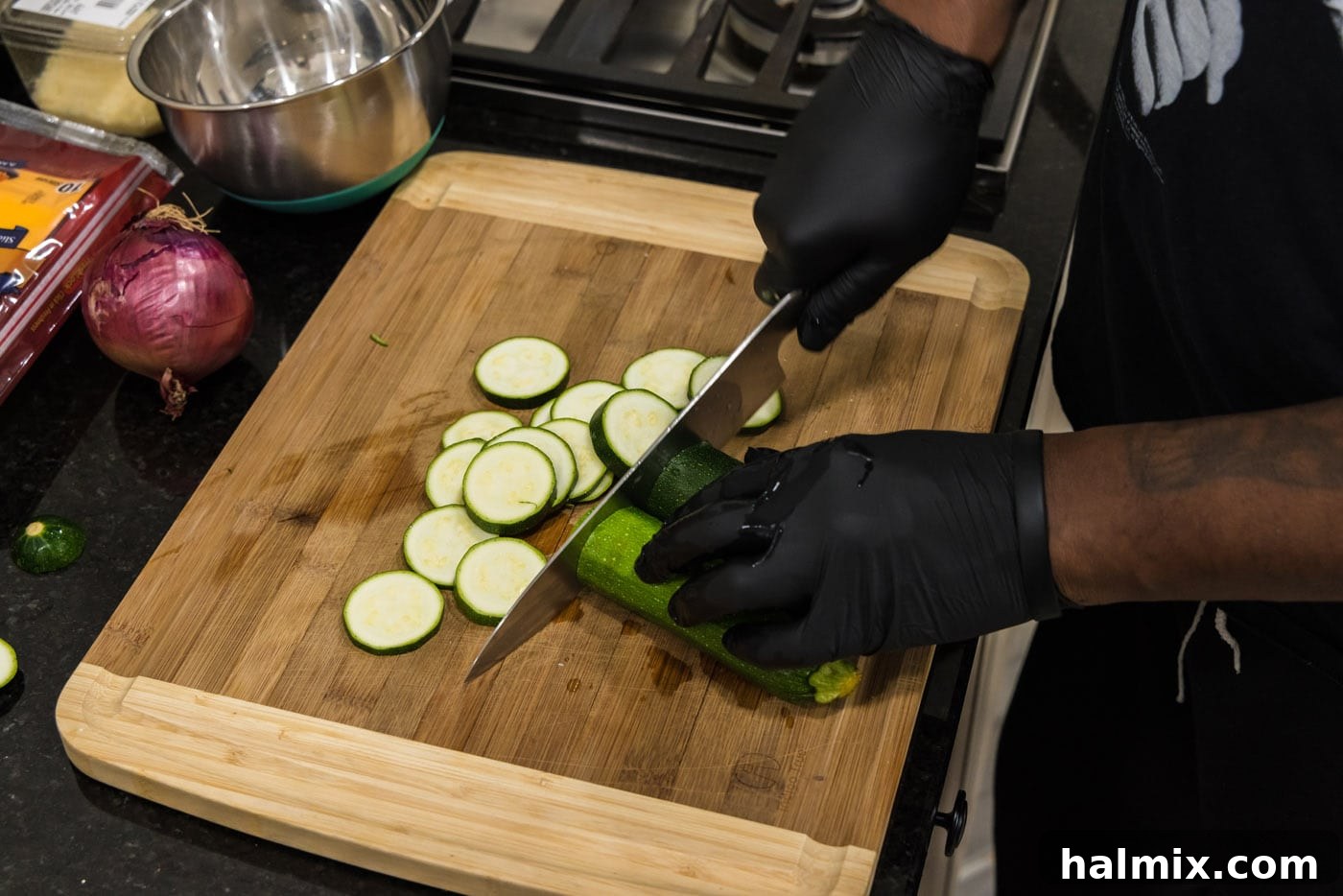 slicing zucchini with a chefs knife