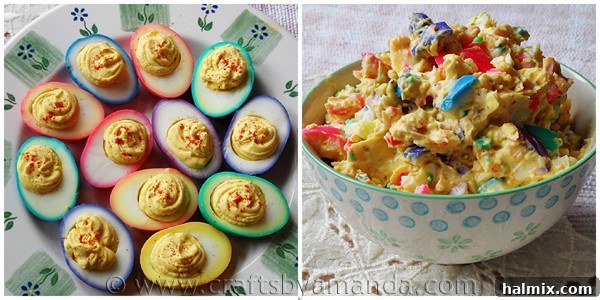 Rainbow Eggs: Two Ways to Delight 2 A vibrant platter of rainbow deviled eggs, showcasing individual halves filled with brightly colored yolks, perfect for an Easter celebration.