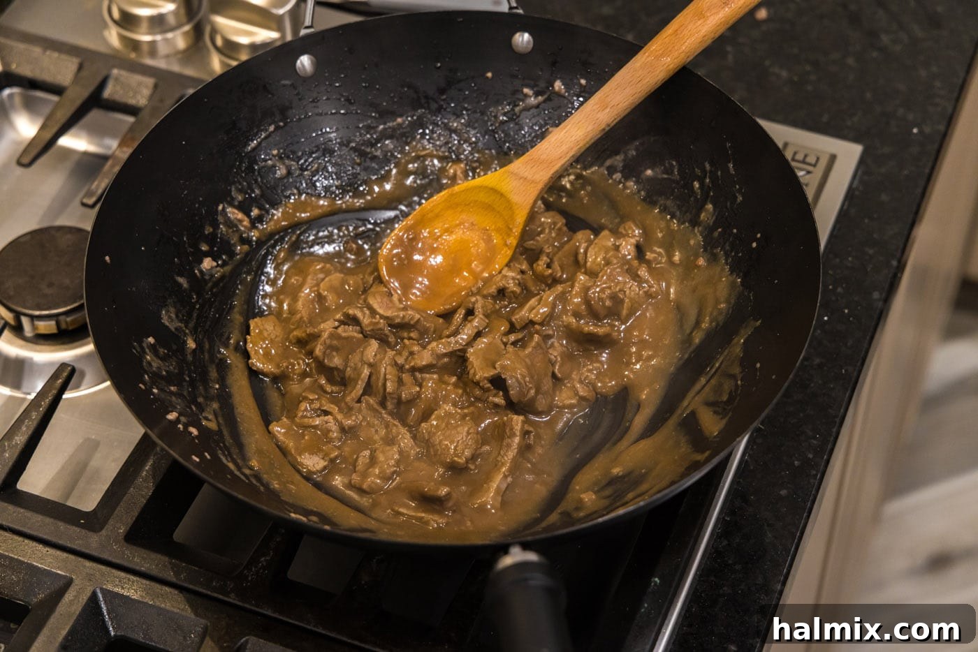 beef teriyaki in a wok