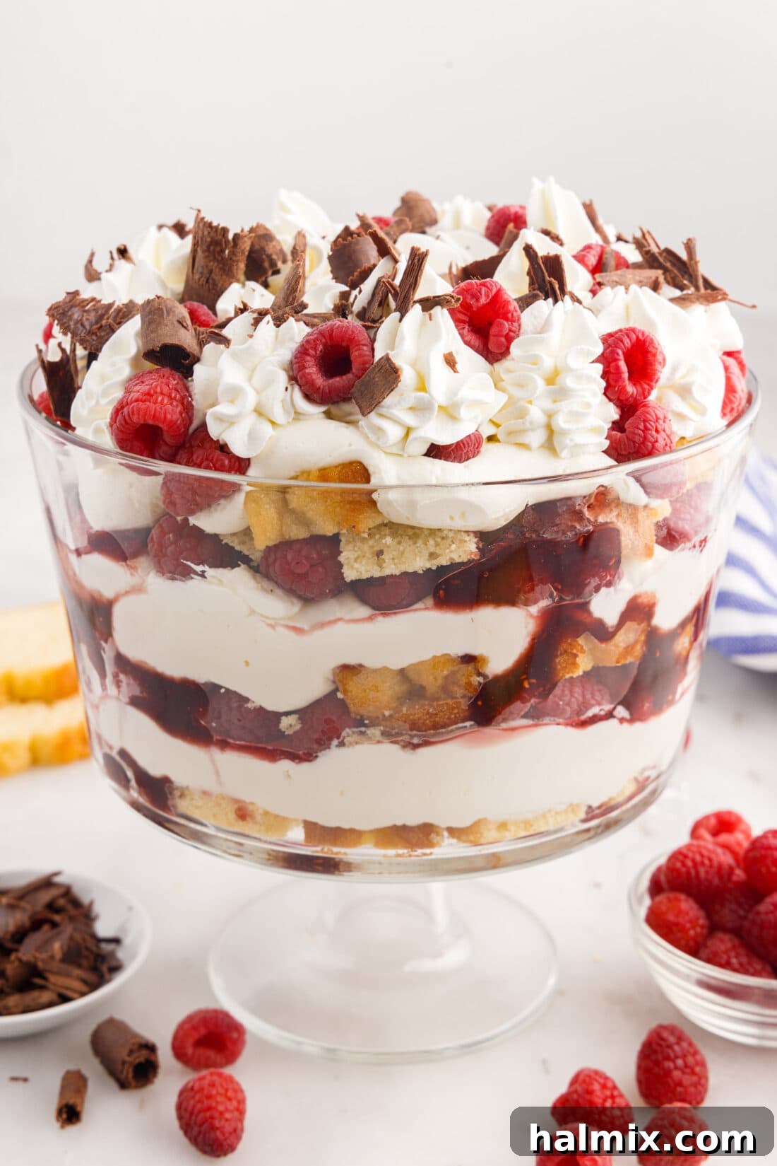 Photo of Raspberry Trifle with shaved chocolate and raspberries on the side