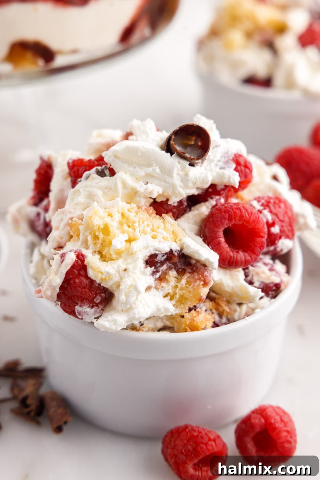 A beautifully layered Raspberry Trifle dessert in a glass bowl.