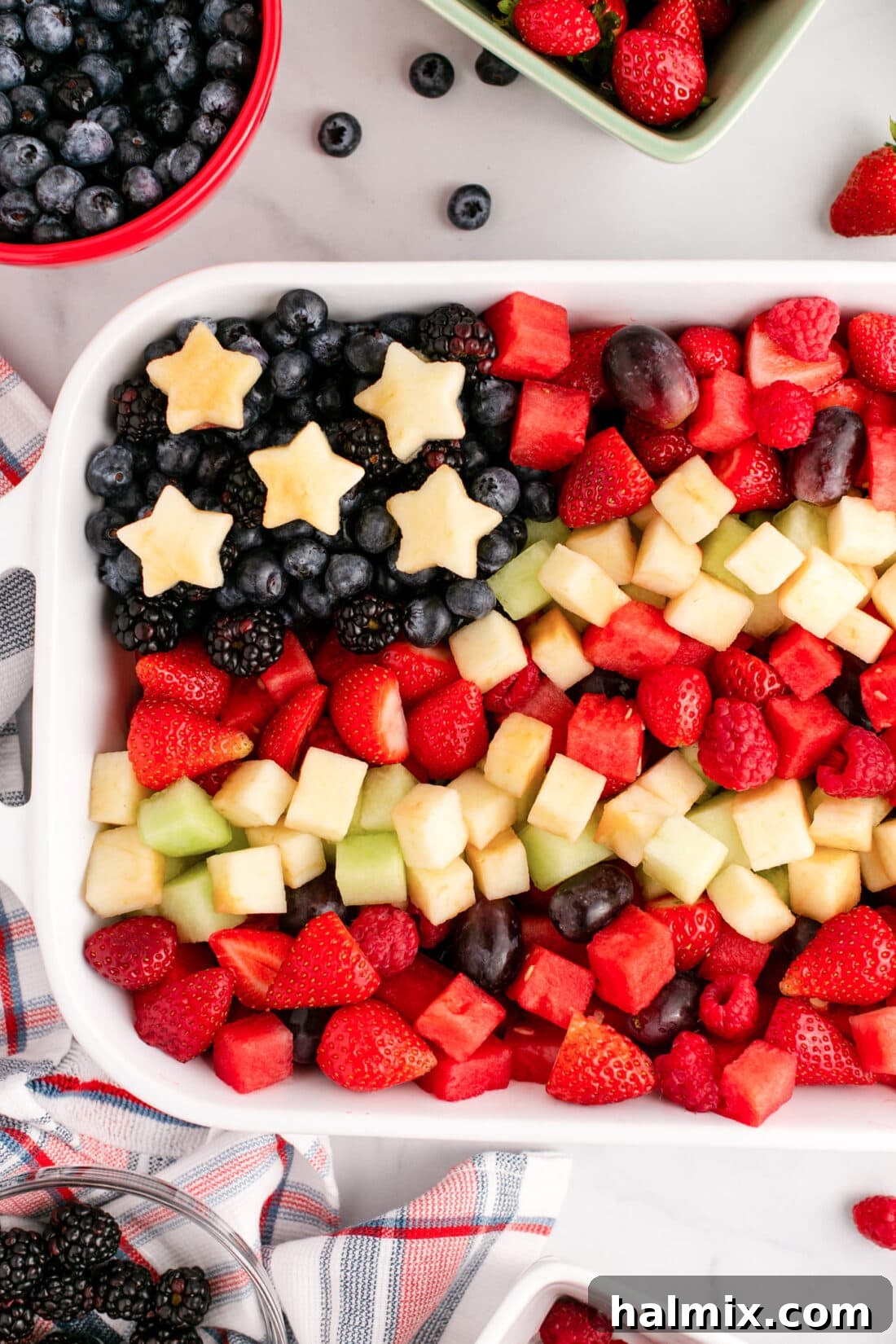 Close up of a Red White & Blue Fruit Salad