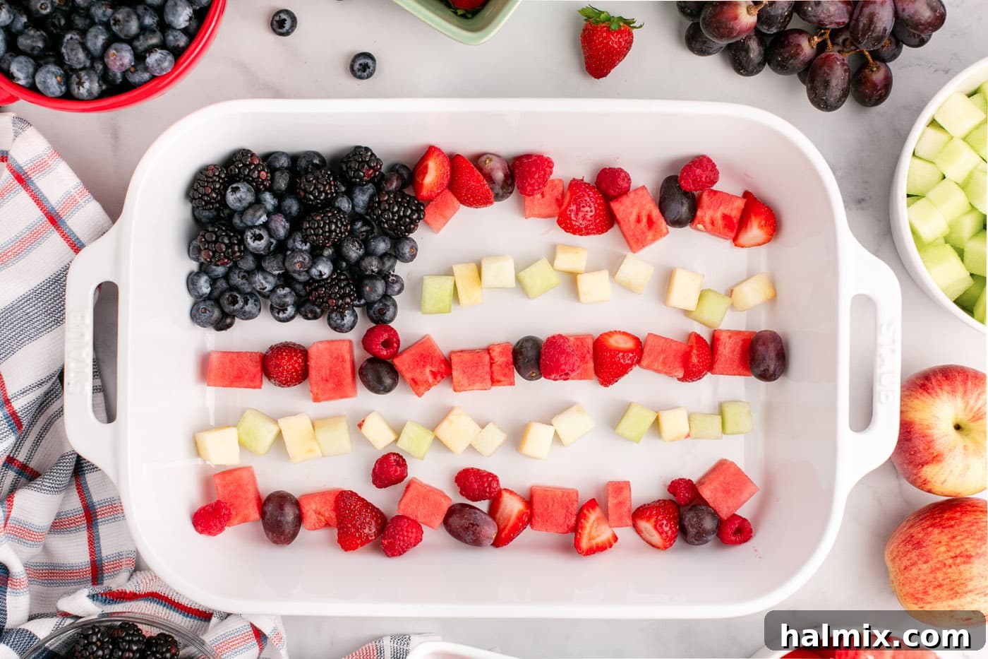 assembling a fruit salad american flag