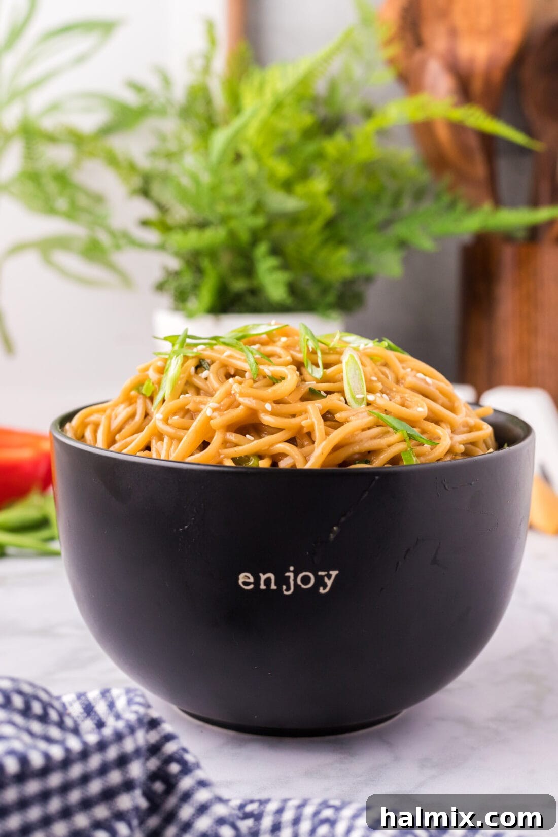 A steaming bowl of homemade Teriyaki Noodles, garnished with sesame seeds and green onions