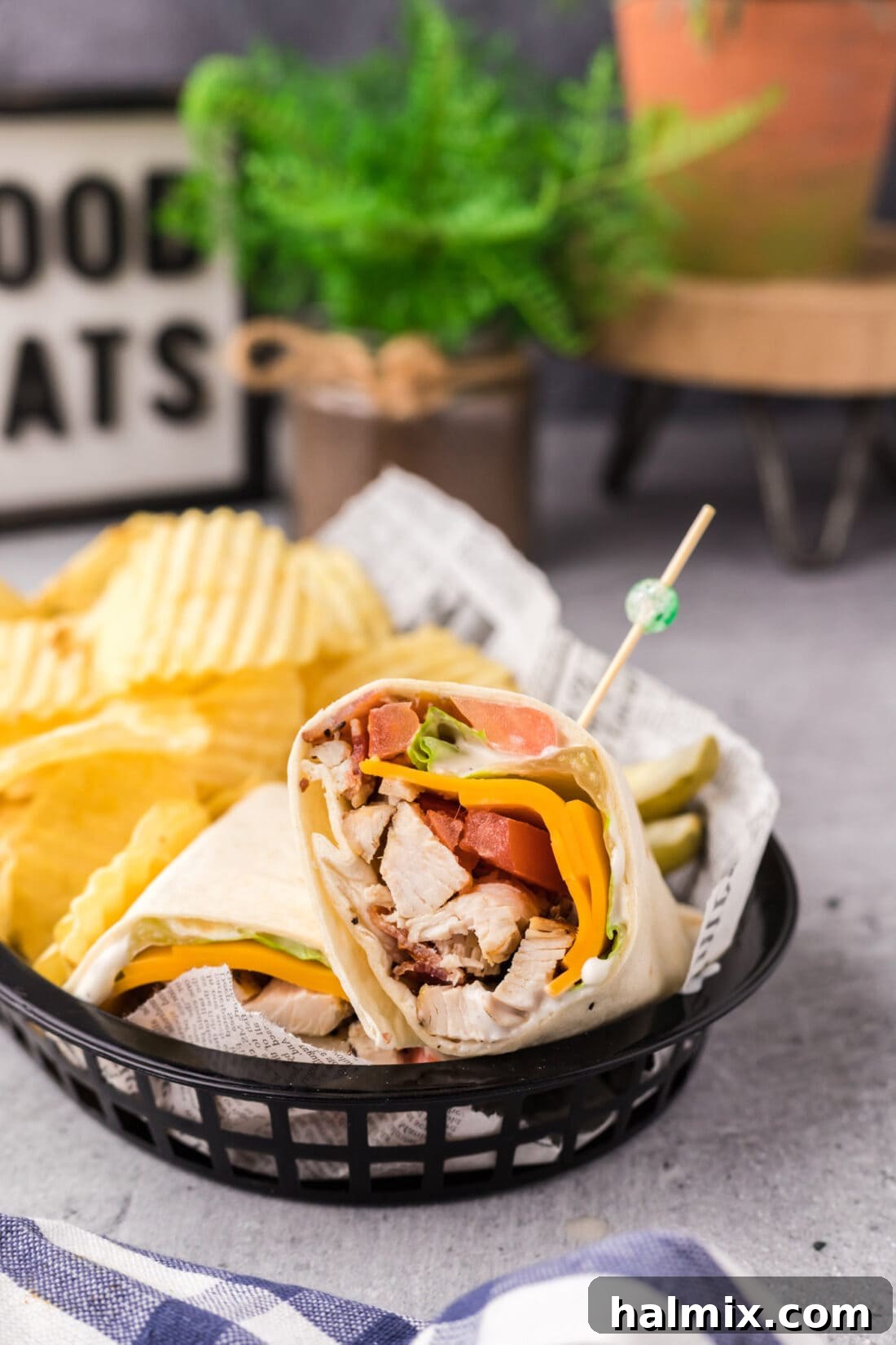 Chicken Bacon Ranch Wrap in a basket with chips