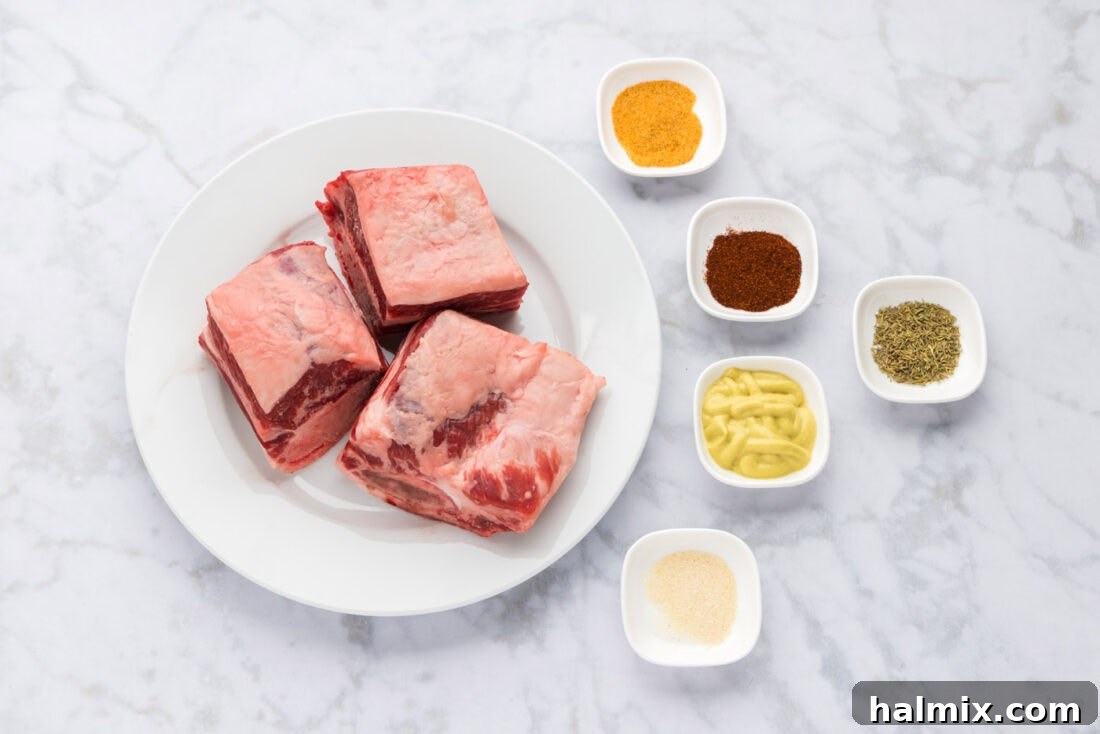 A collection of ingredients laid out for making smoked beef short ribs, including spices, mustard, and short ribs.