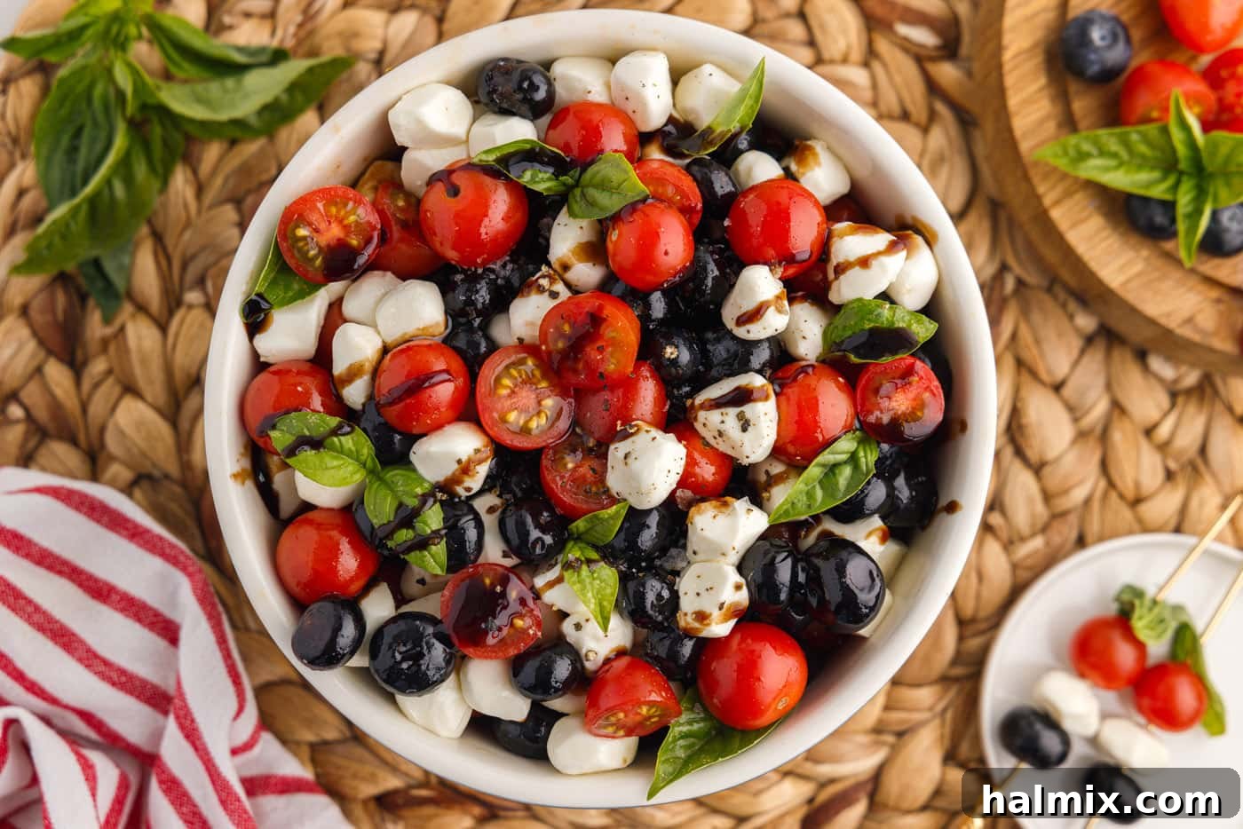 finished overhead of red white and blue caprese salad