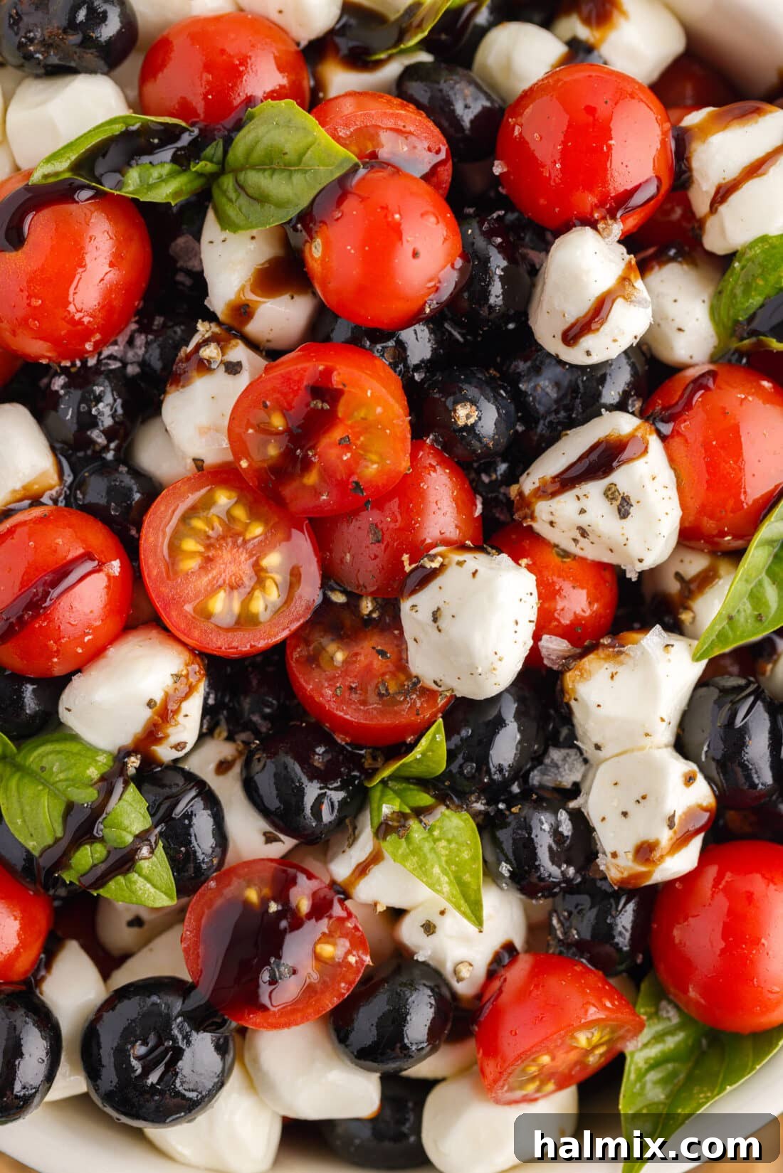 Close up photo of Red, White & Blue Caprese Salad