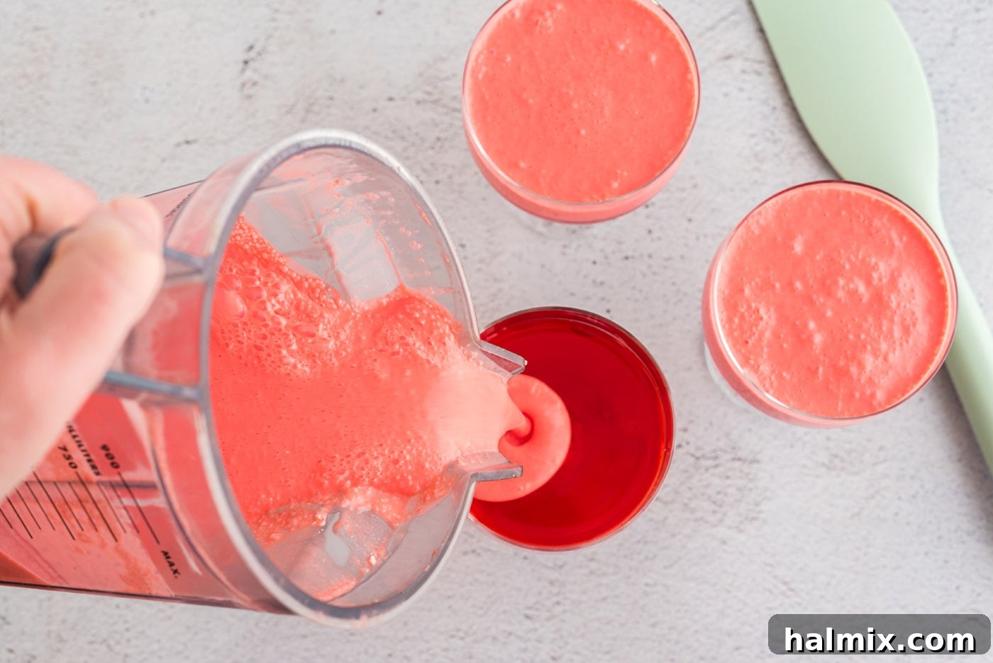 Ruby Raspberry Cream Stacks 11 pouring creamy jello into small trifle dishes
