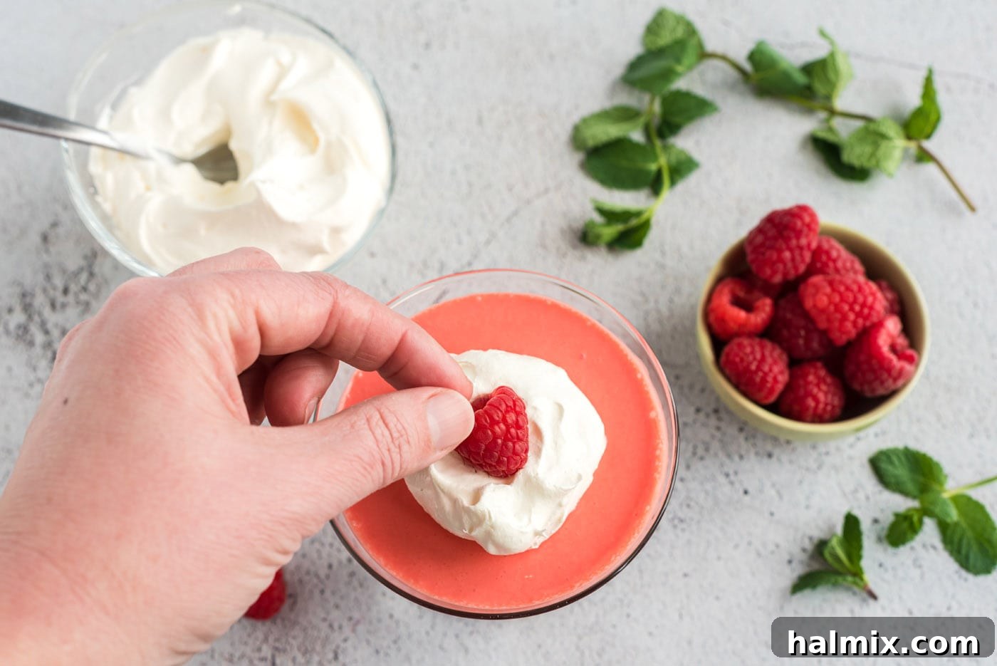 Ruby Raspberry Cream Stacks 12 adding a raspberry on top of cool whip jello parfaits