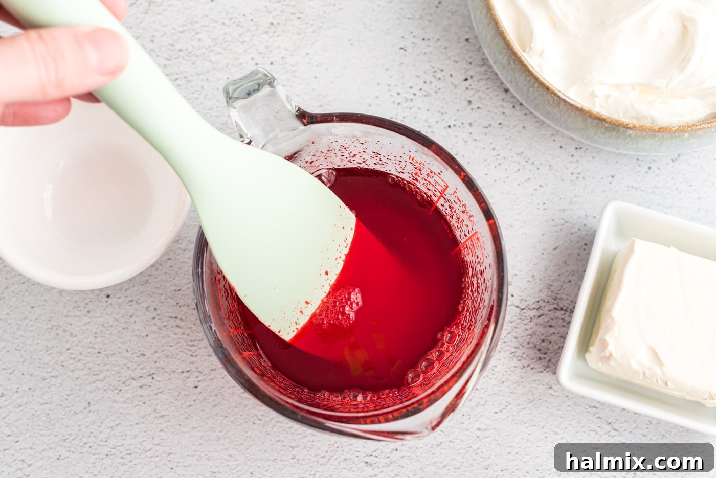 Ruby Raspberry Cream Stacks 7 mixing jello powder with hot water