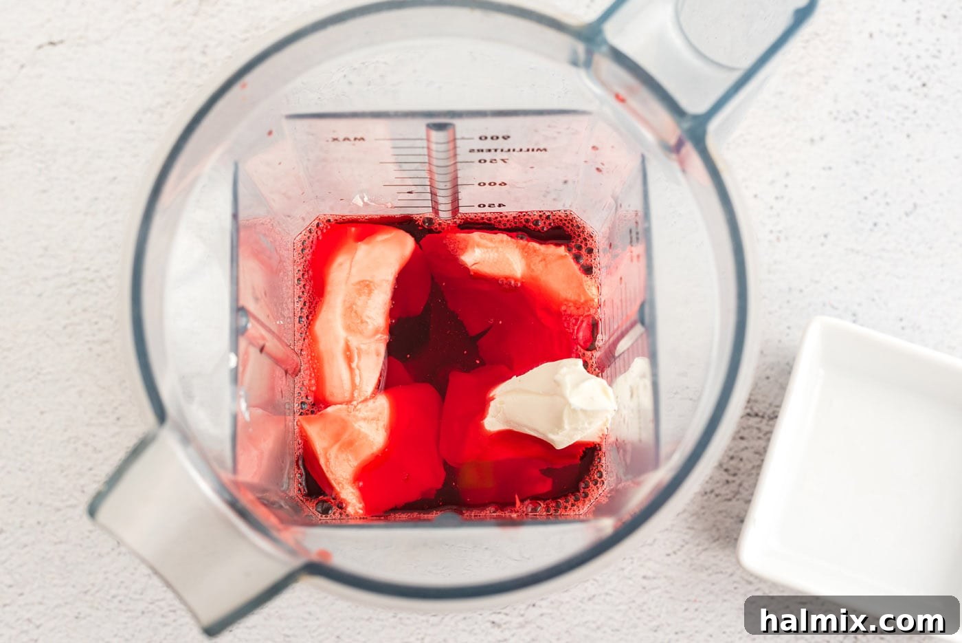 Ruby Raspberry Cream Stacks 8 cream cheese and jello mixture in a blender