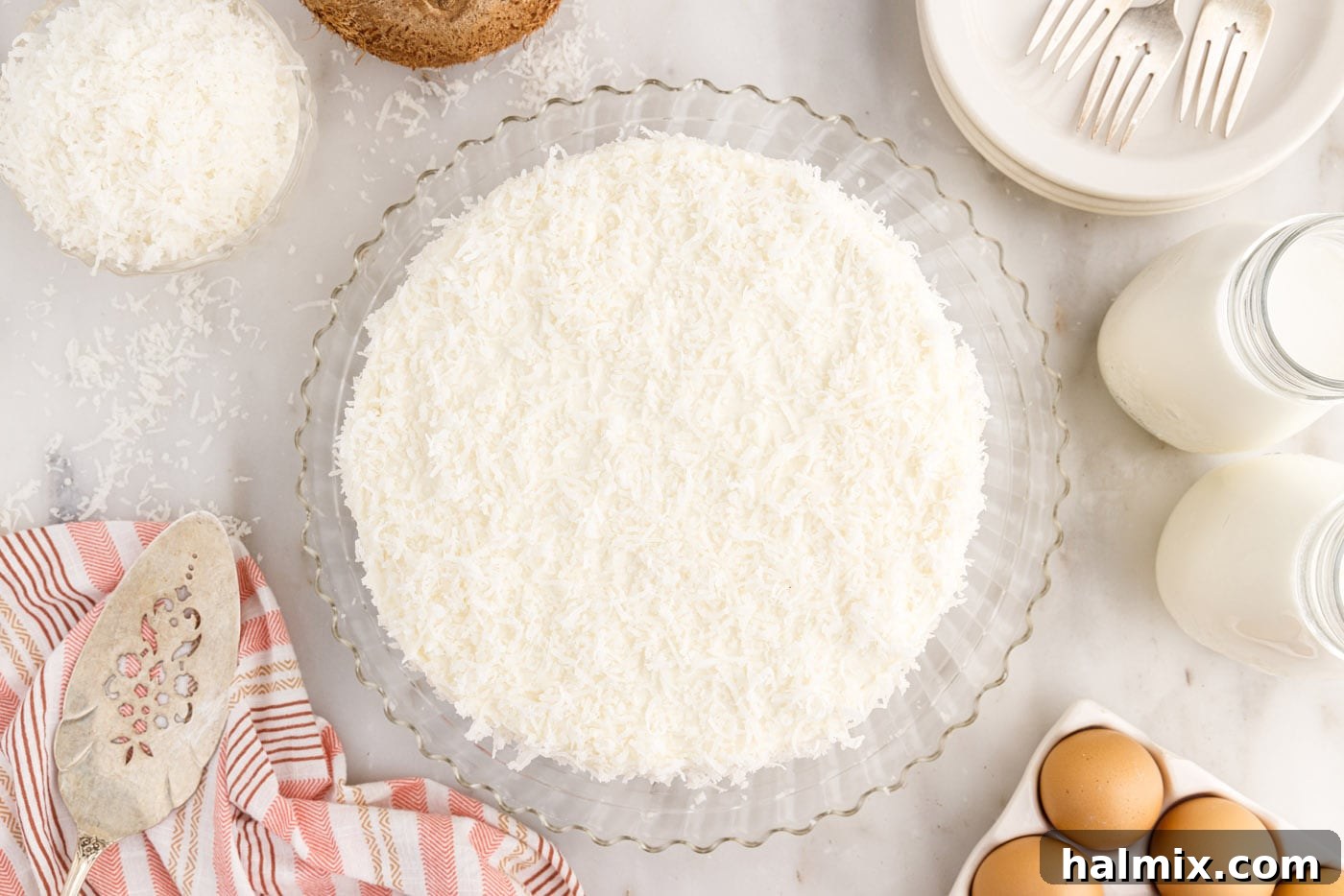 An inviting overhead shot of the fully assembled and decorated coconut cake, completely covered in a blanket of shredded coconut on a cake plate.
