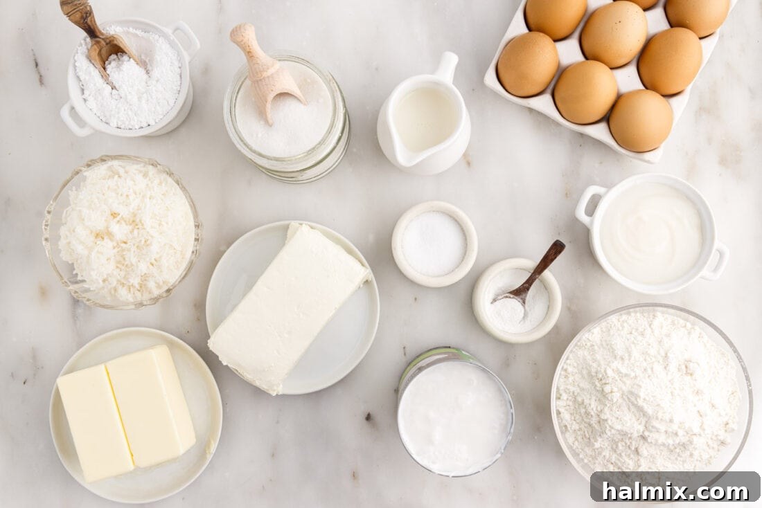 An overhead view showcasing all the fresh, high-quality ingredients laid out for making a delicious coconut cake, including butter, eggs, flour, coconut milk, and shredded coconut.