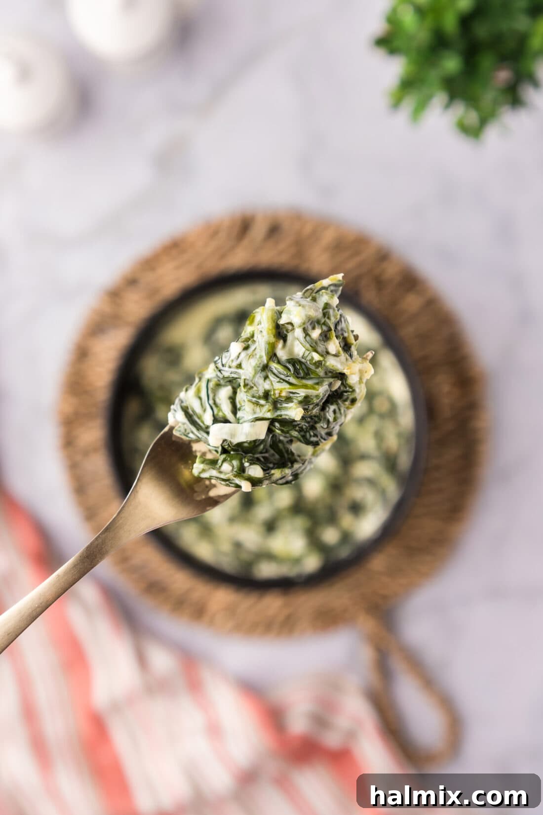 Forkful of Creamed Spinach held above a bowl of Creamed Spinach