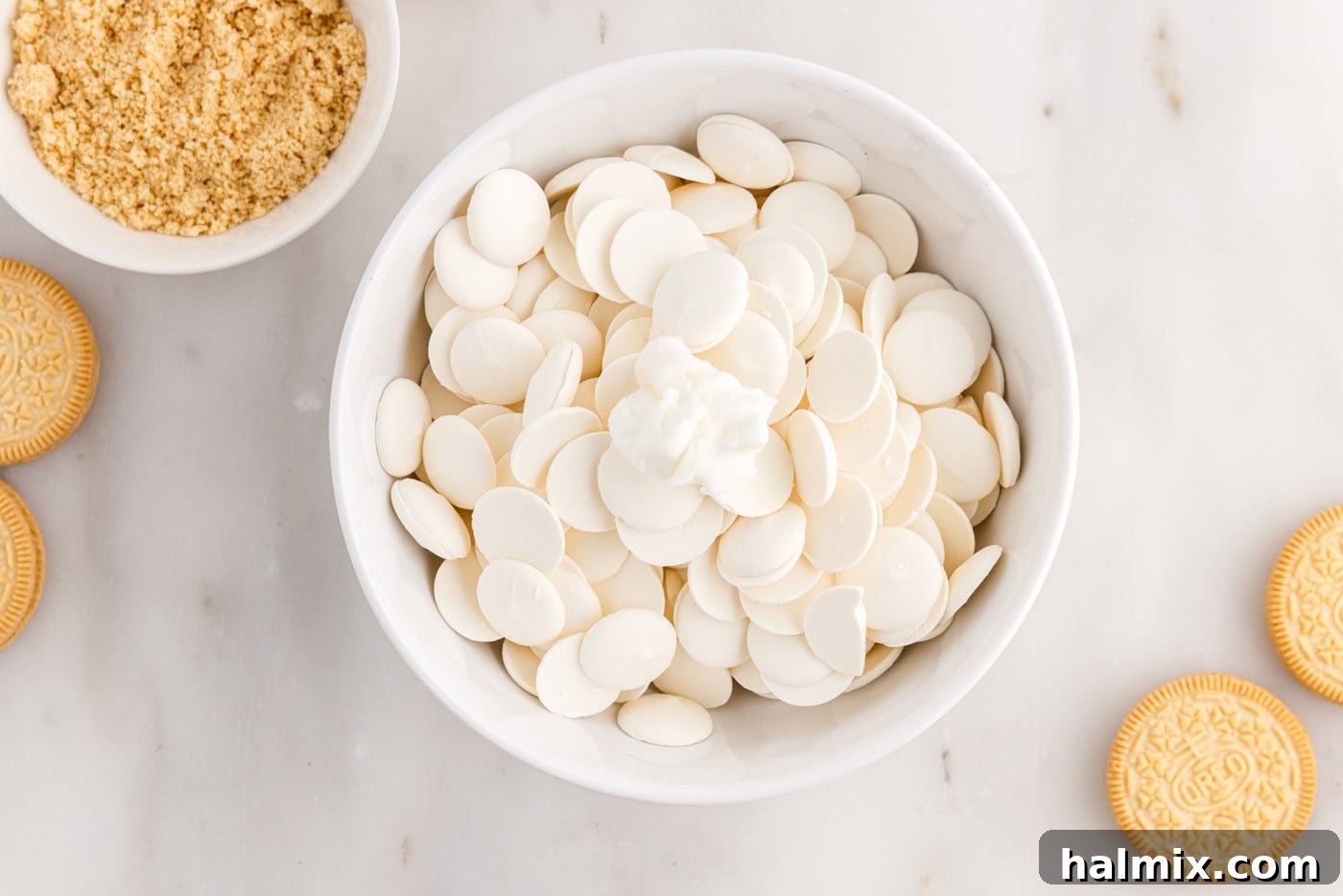 white chocolate melting wafers in a bowl
