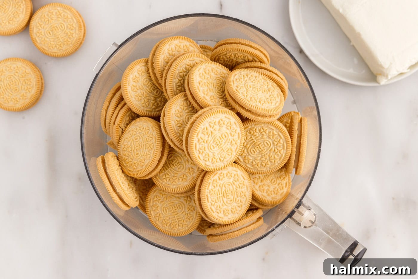 golden oreo cookies in a food processor