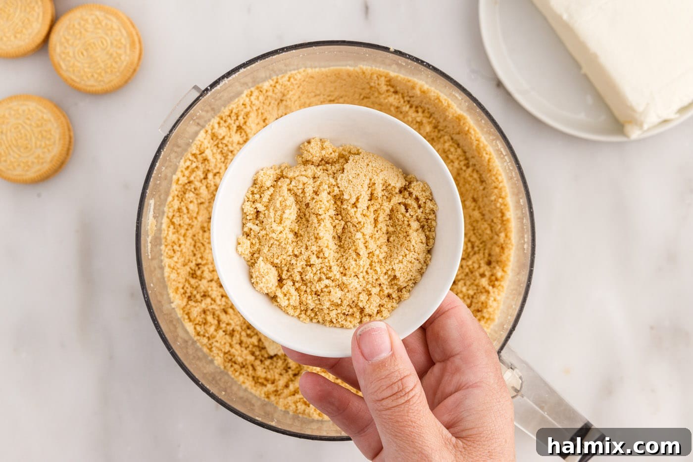 placed cookie crumbs in a bowl to reserve for later