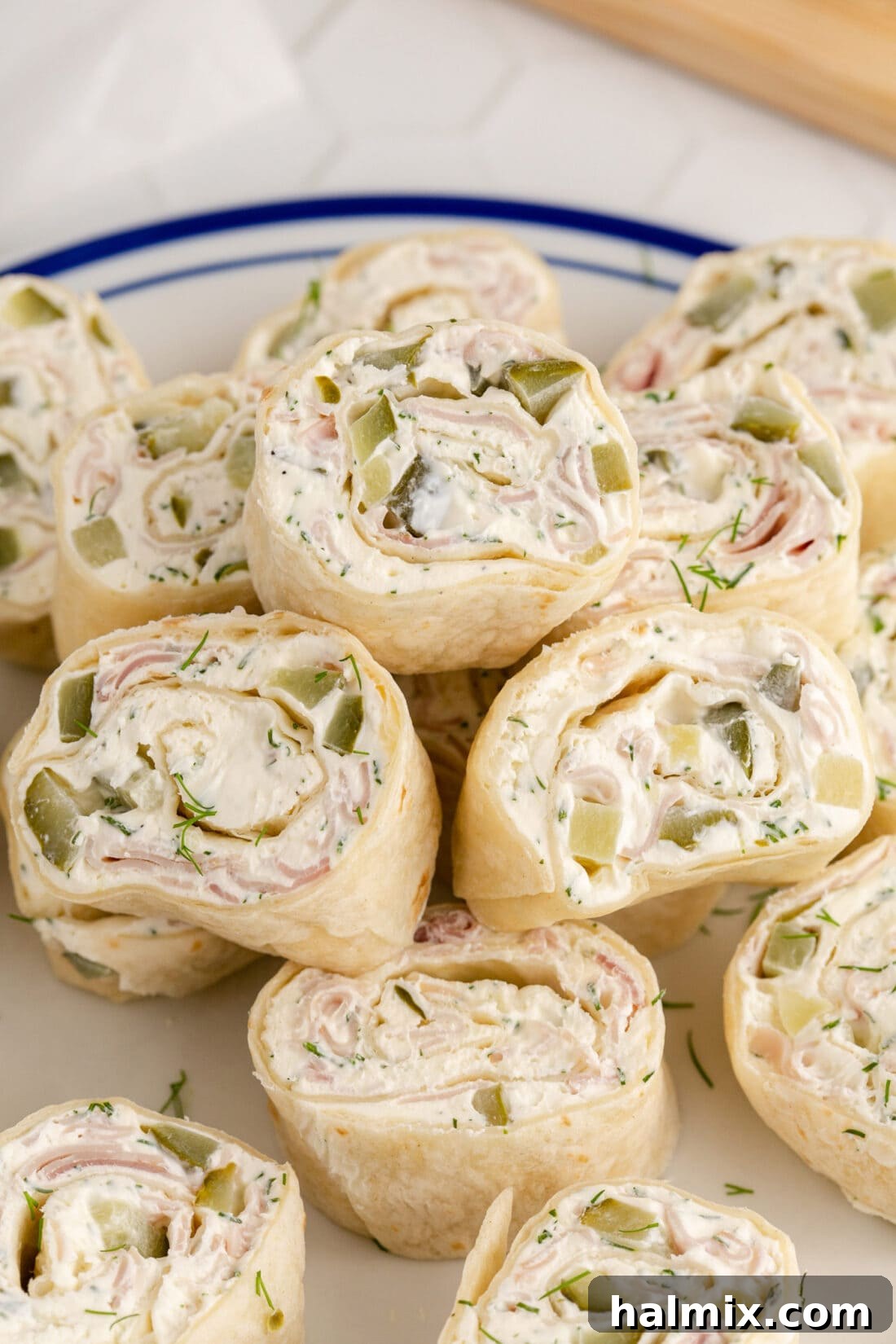 Stacked Dill Pickle Pinwheels on a plate