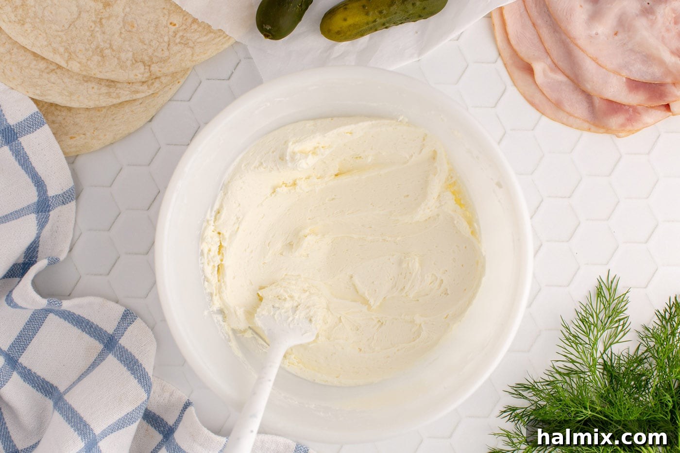cream cheese mixed in a bowl