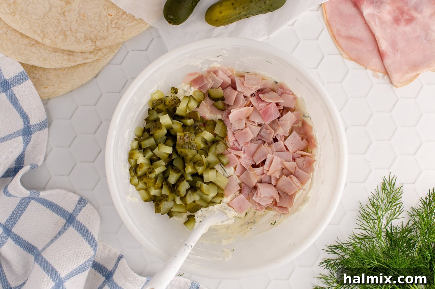 chopped ham and dill pickles added to cream cheese