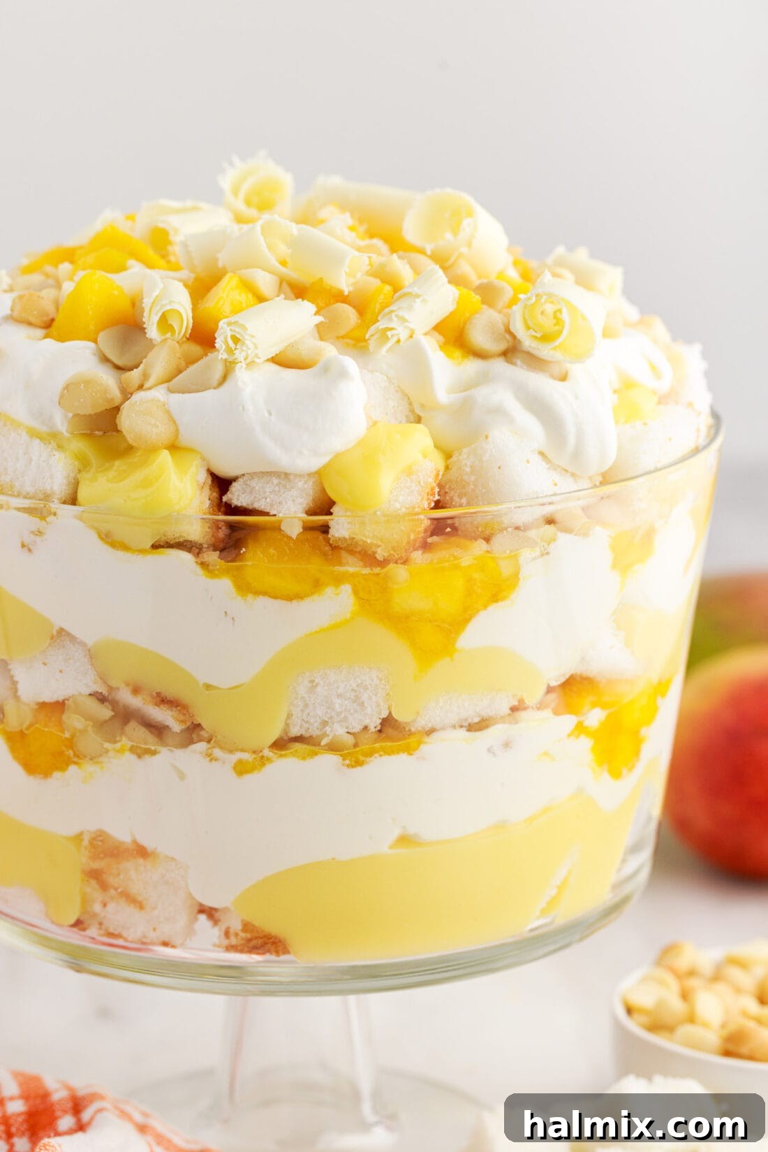 Close up photo of a Mango Trifle showing the distinct layers