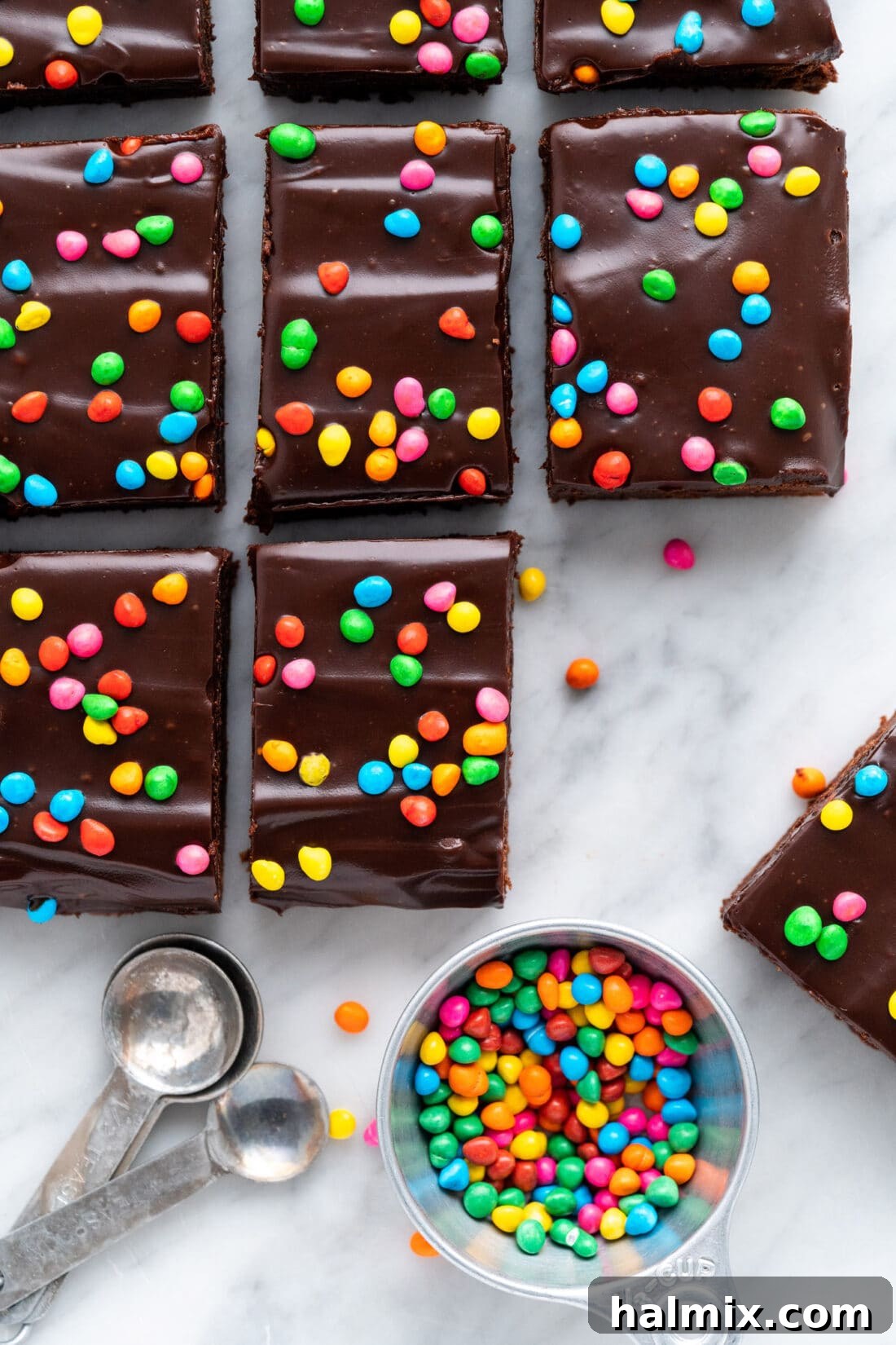 Cosmic Brownies cut into perfect squares, ready to be served