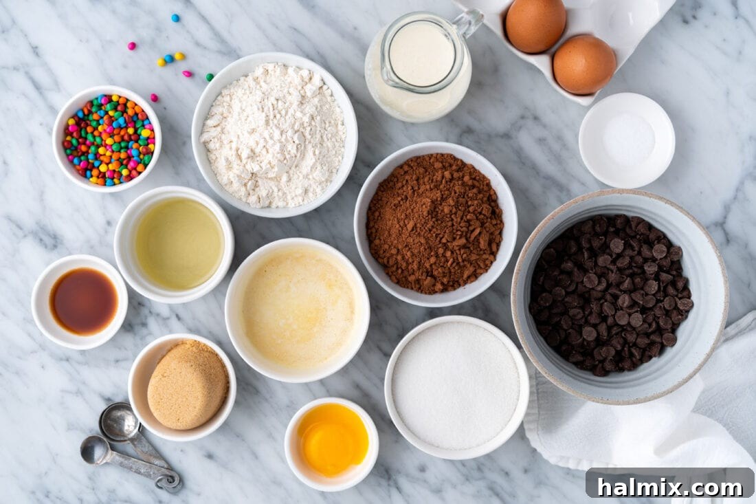 Ingredients laid out for making Homemade Cosmic Brownies, including flour, cocoa powder, sugars, butter, oil, eggs, chocolate chips, and rainbow sprinkles.
