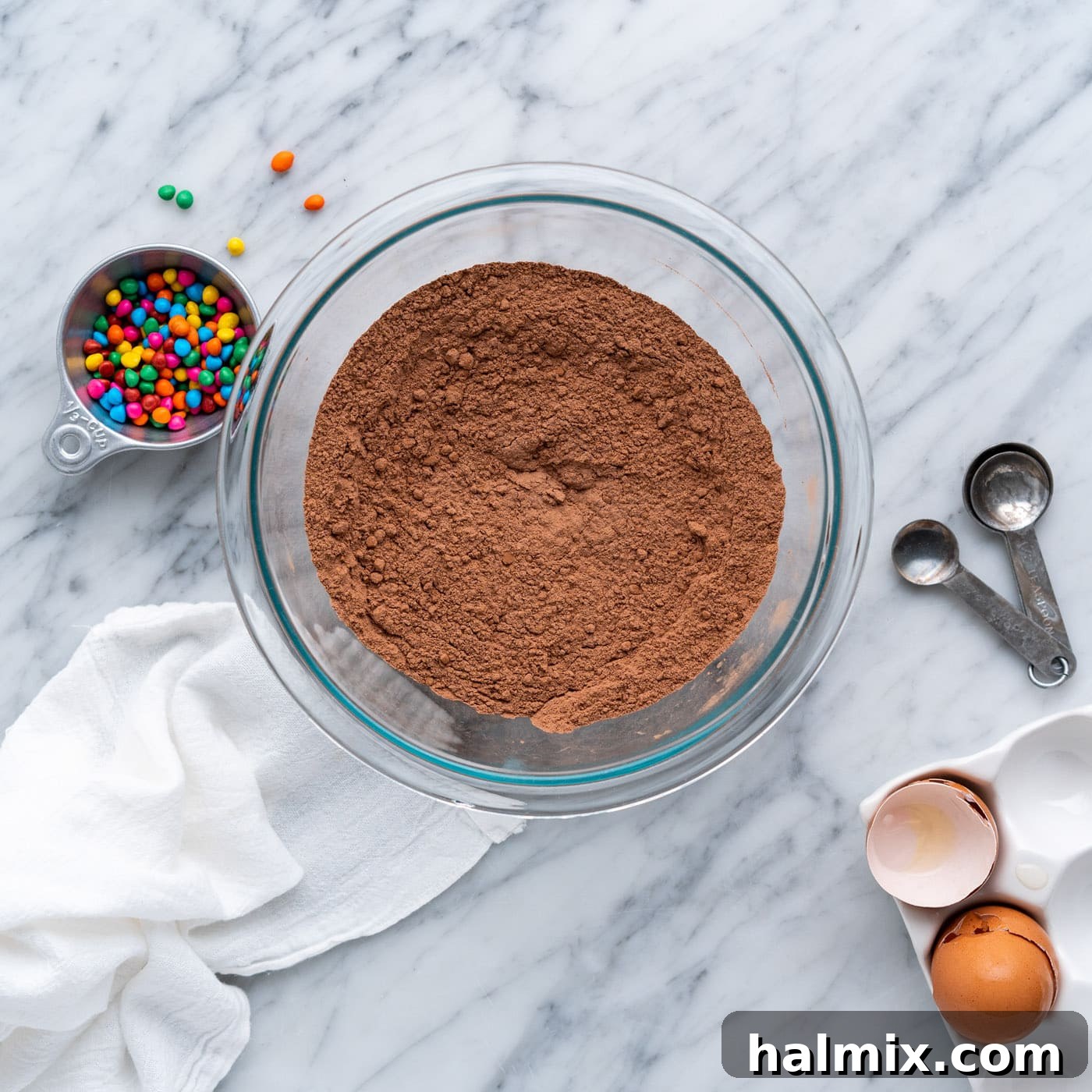 flour and cocoa powder mixture in a bowl, ready for the wet ingredients