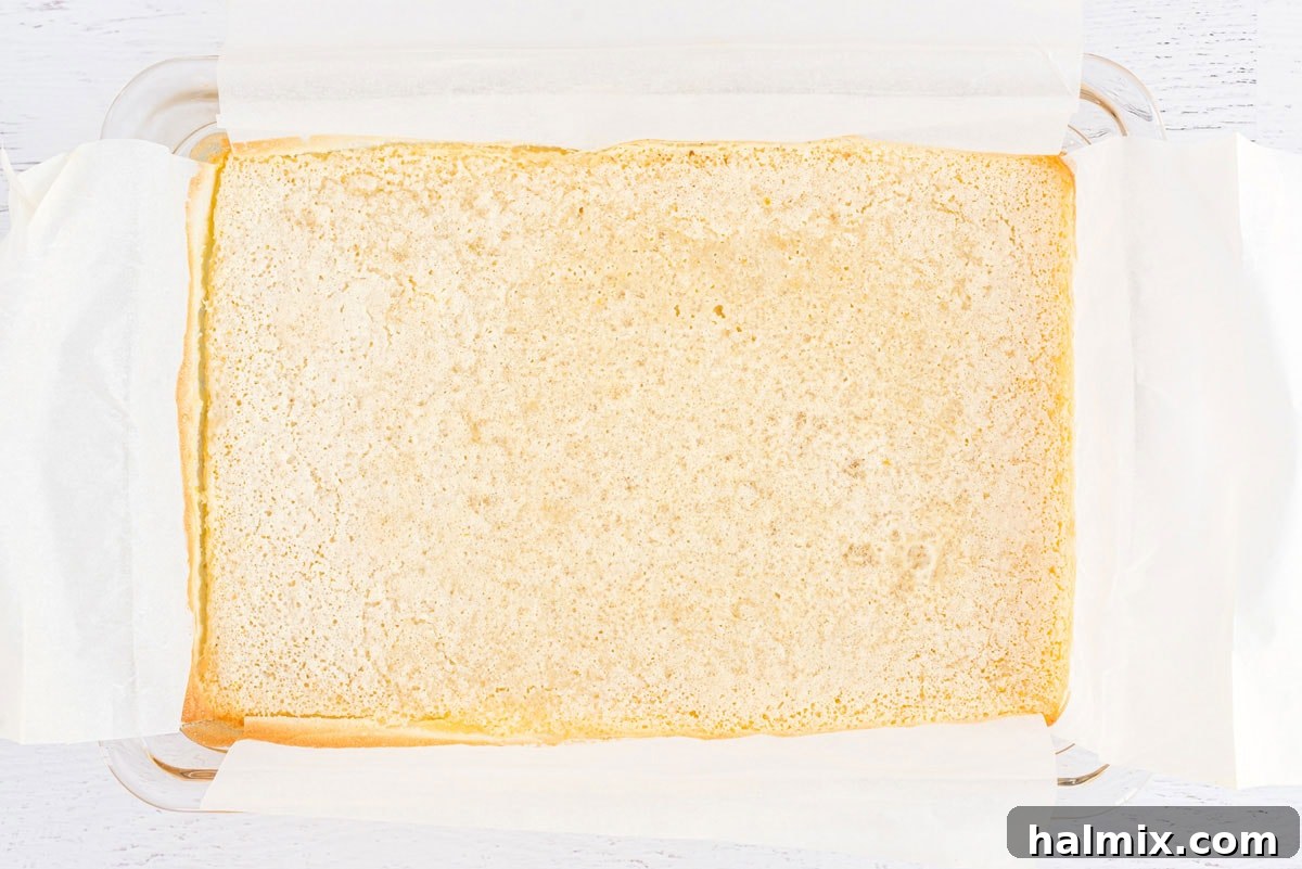 Freshly baked lemon bars cooling in the pan, with a perfectly set, glossy lemon filling and golden-brown crust visible, ready for the final chilling and dusting.