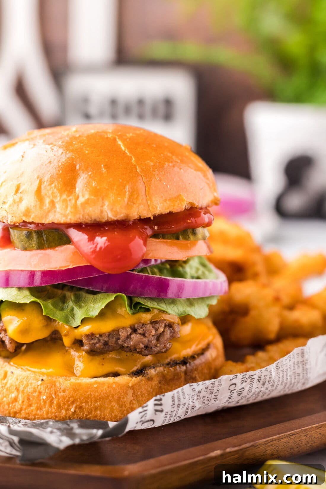 Close up photo of a perfectly cooked Smash Burger with a crispy edge