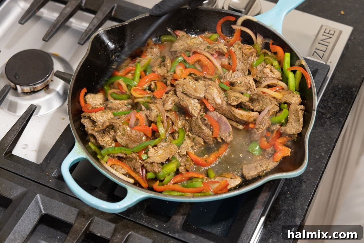 steak fajita filling in a cast iron skillet