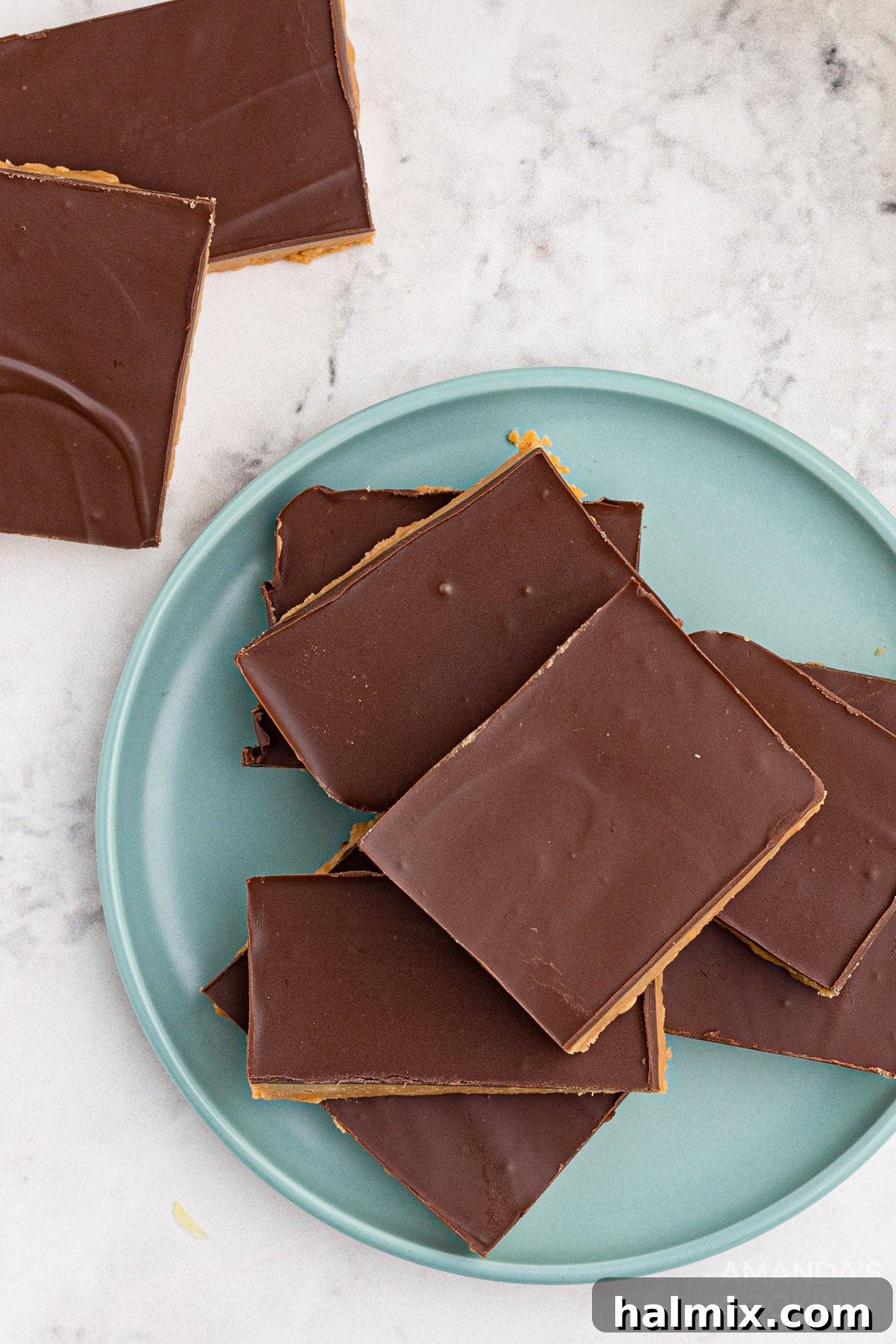 Individually cut no-bake chocolate frosted peanut butter bars arranged on a plate, ready to be served.