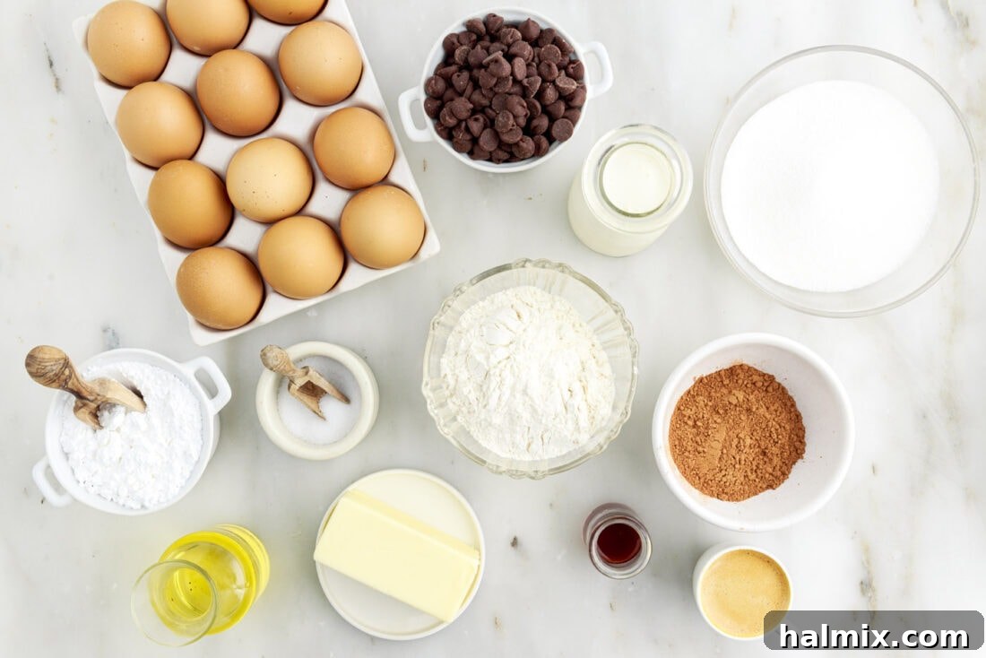 Decadent Chocolate Swirl Cake 4 Various ingredients laid out on a kitchen counter for making Swiss roll