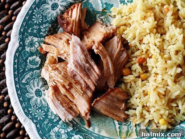 A close up overhead photo of slow cooker oriental pork roast on a plate next to rice, garnished with green onions.