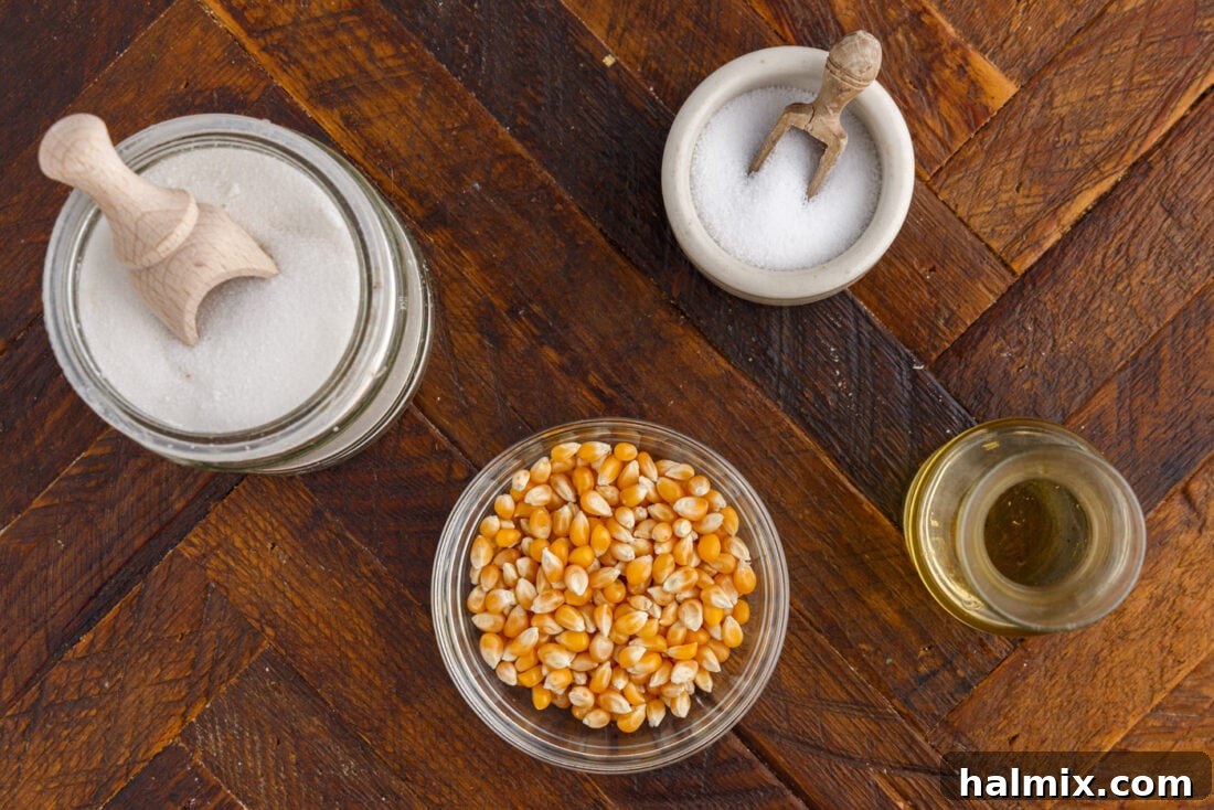 All four simple ingredients for homemade Kettle Corn displayed: cooking oil, popcorn kernels, granulated sugar, and sea salt
