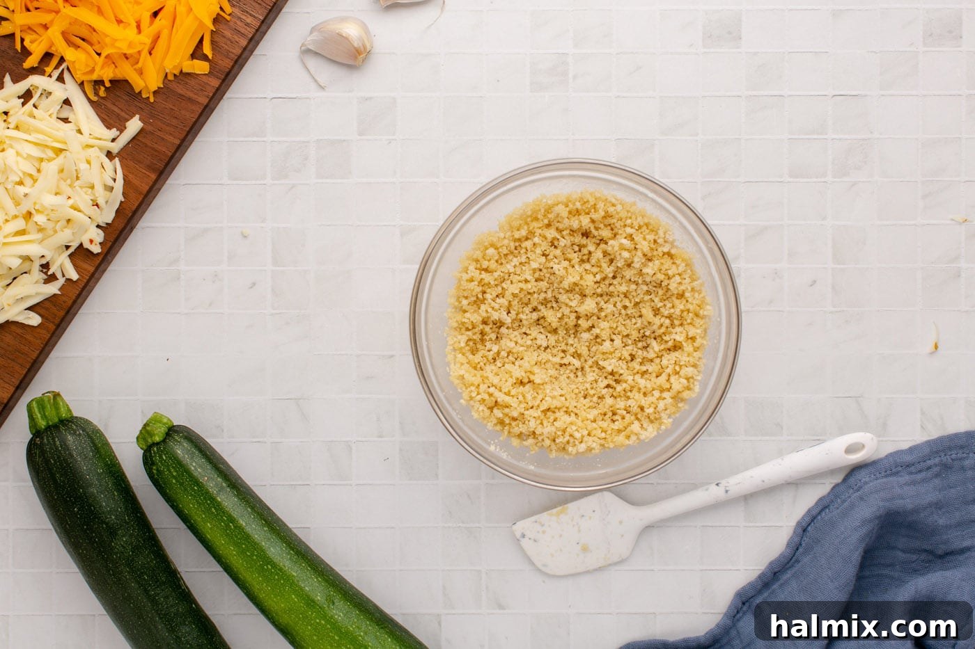 Panko breadcrumbs mixed with melted butter in a small bowl, ready to be sprinkled over the casserole for a crispy topping.