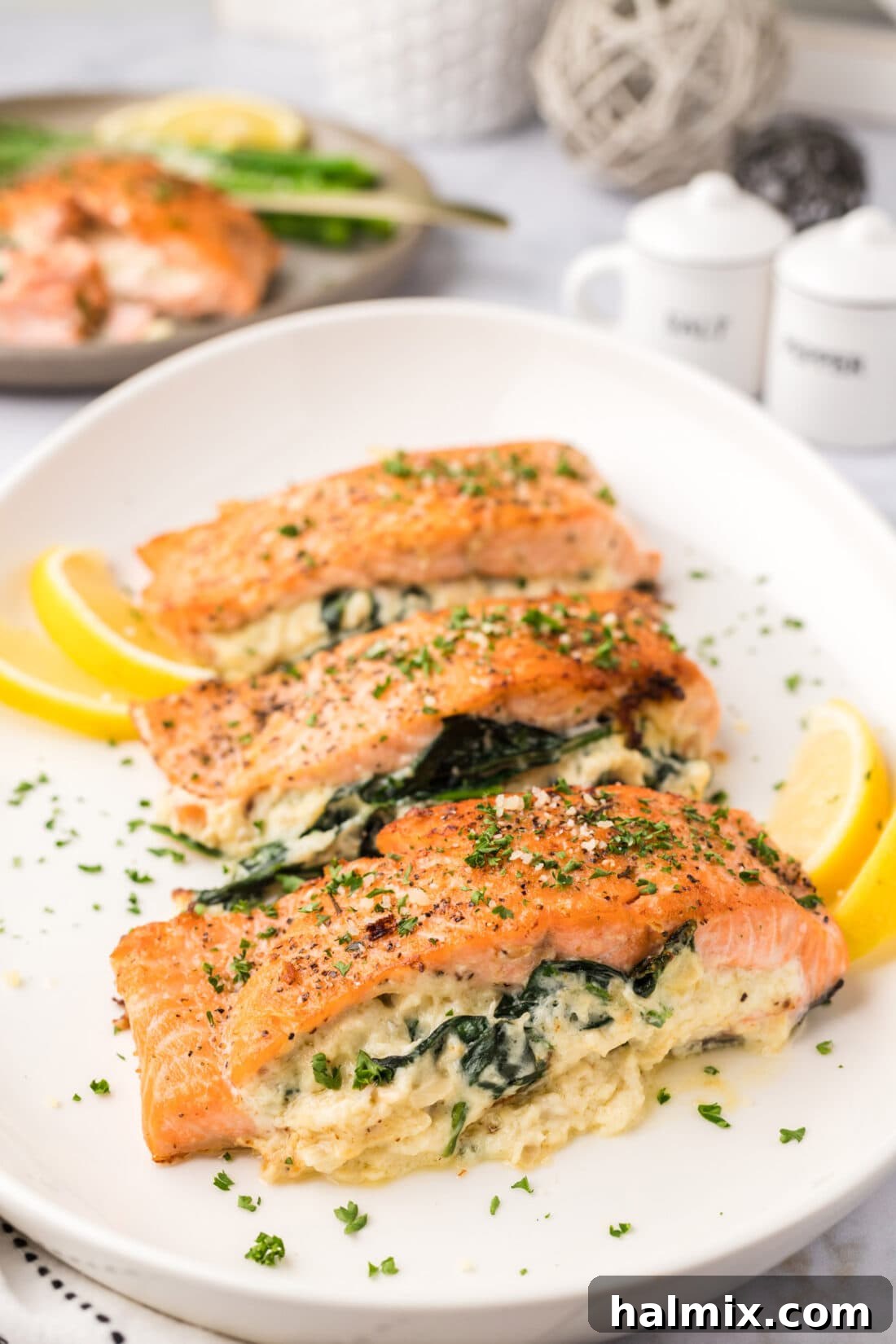 Beautifully presented Stuffed Salmon on a white platter garnished with fresh lemon slices, ready to serve.