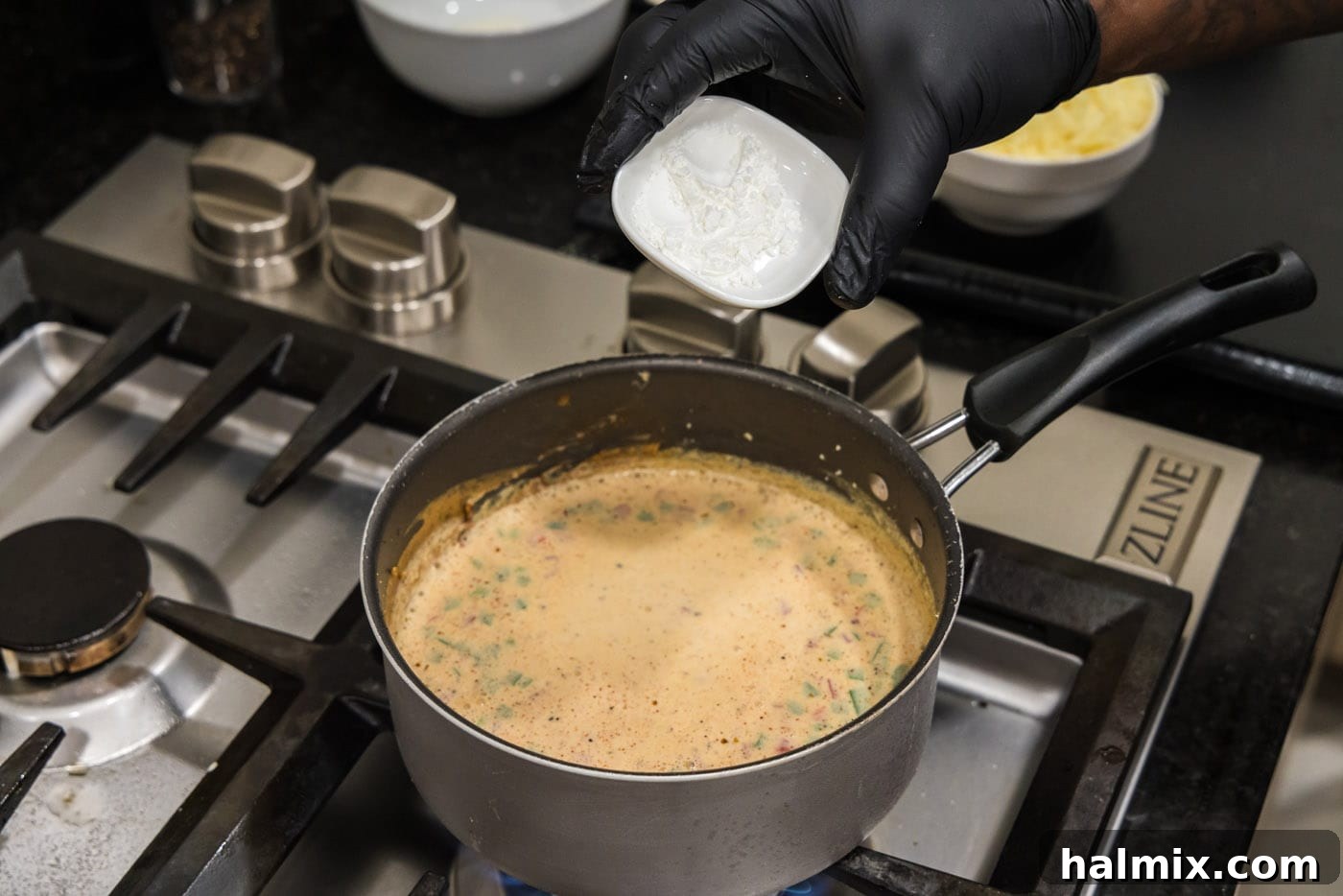 cornstarch in a bowl over saucepan