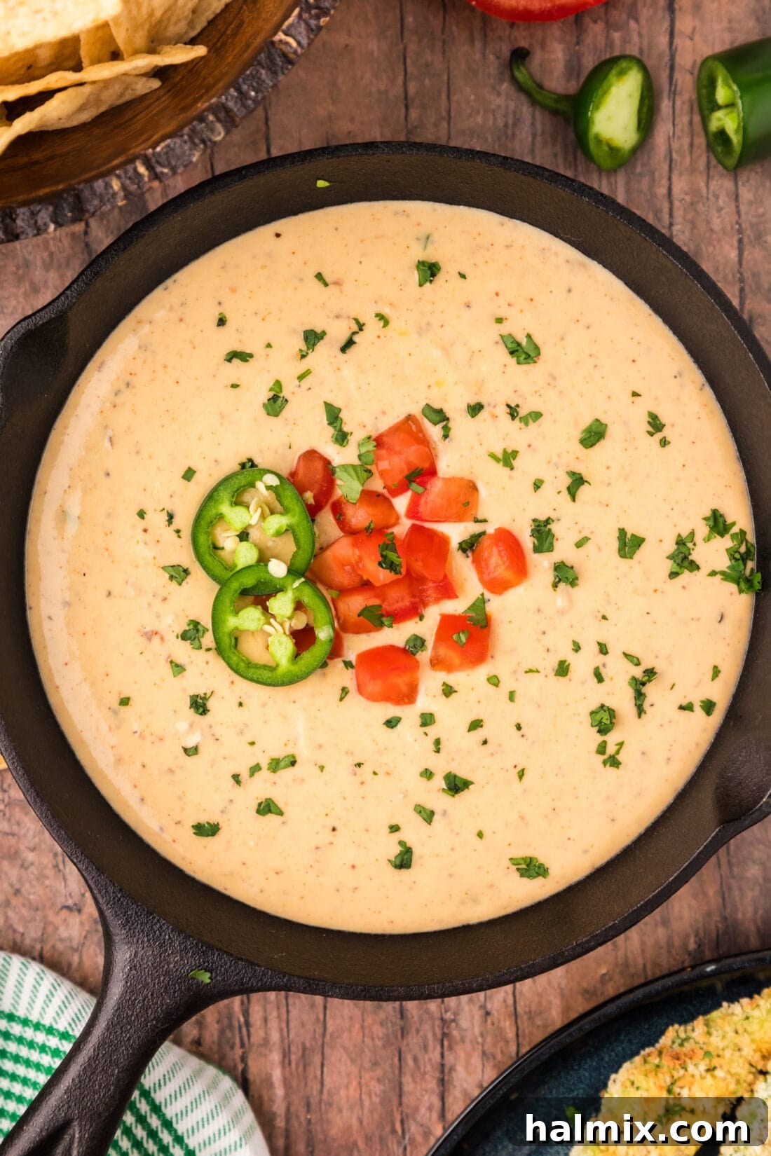 Overhead photo of a skillet of Queso Dip