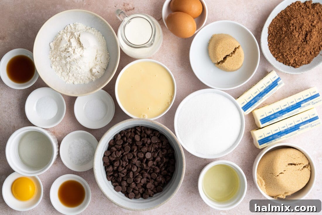 A collection of ingredients neatly laid out on a surface, including flour, cocoa powder, sugars, butter, chocolate chips, and more, ready for making Millionaire Brownies.