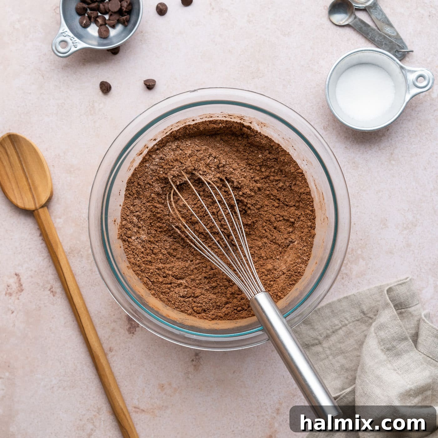 flour, cocoa powder, and salt whisked in a bowl